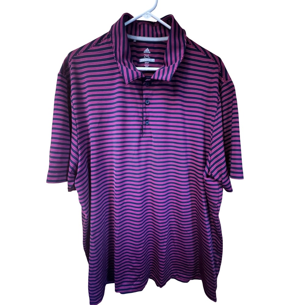 Adidas Golf Polo Shirt Men's 2XL Pink Navy Stripe Short Sleeve Performance